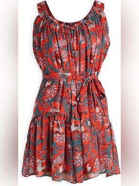 SALONI Red Silk Blend Mini Dress With Lion Print and Beaded Detail